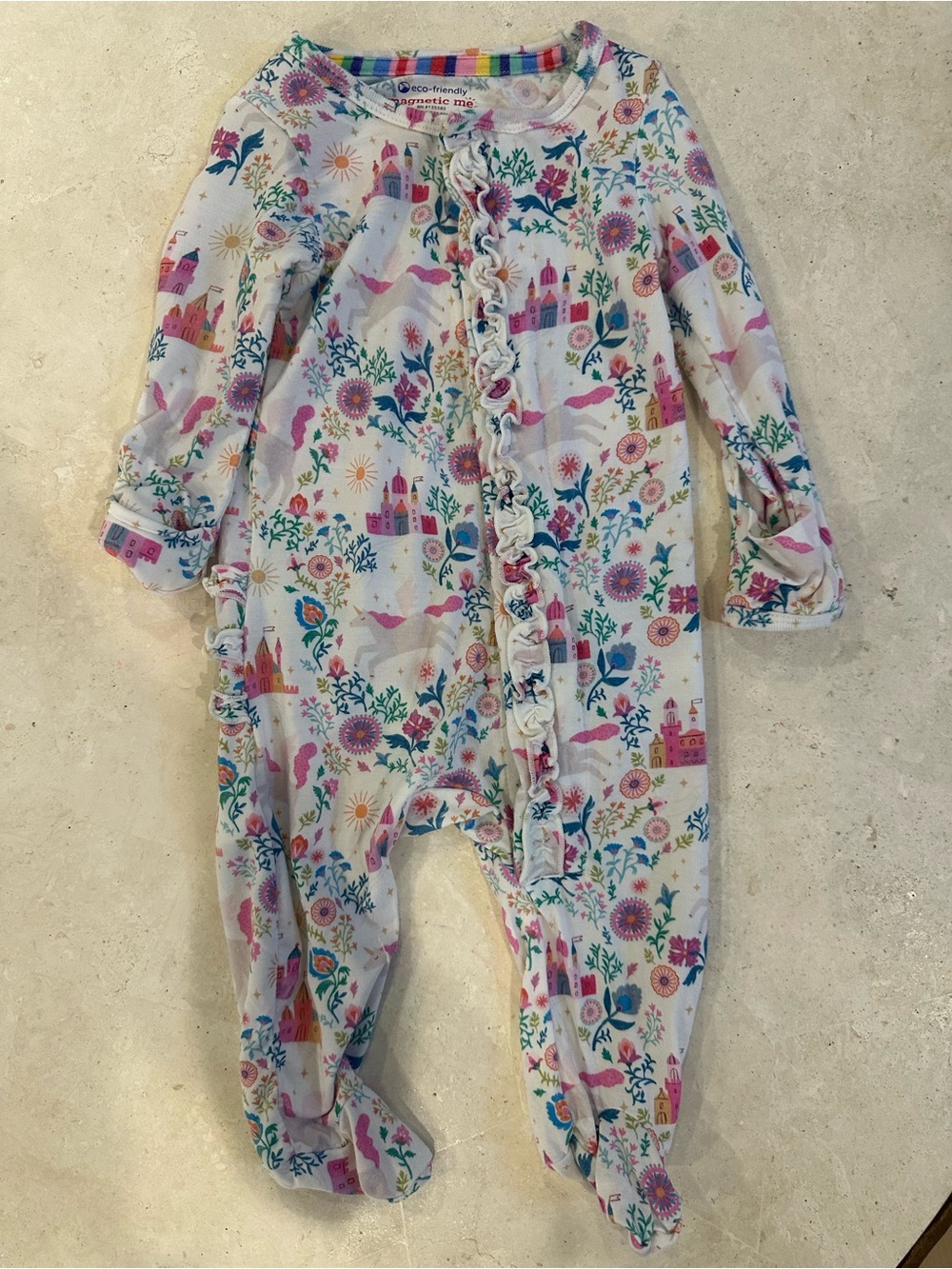Magnetic me Floral Castle Ruffle Footed One-Piece - Pink & White